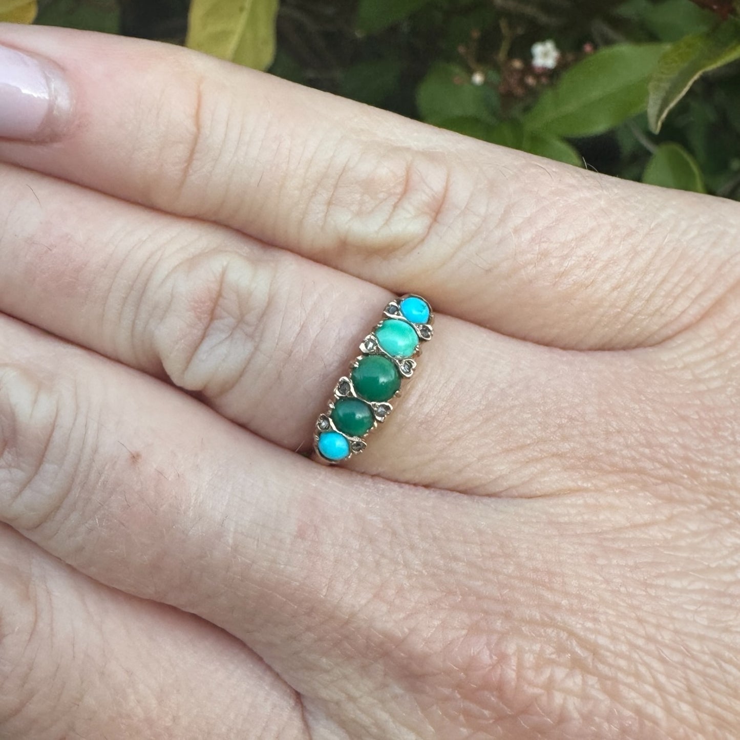 Victorian Natural Turquoise & Diamond Ring | Yellow Gold | Size L