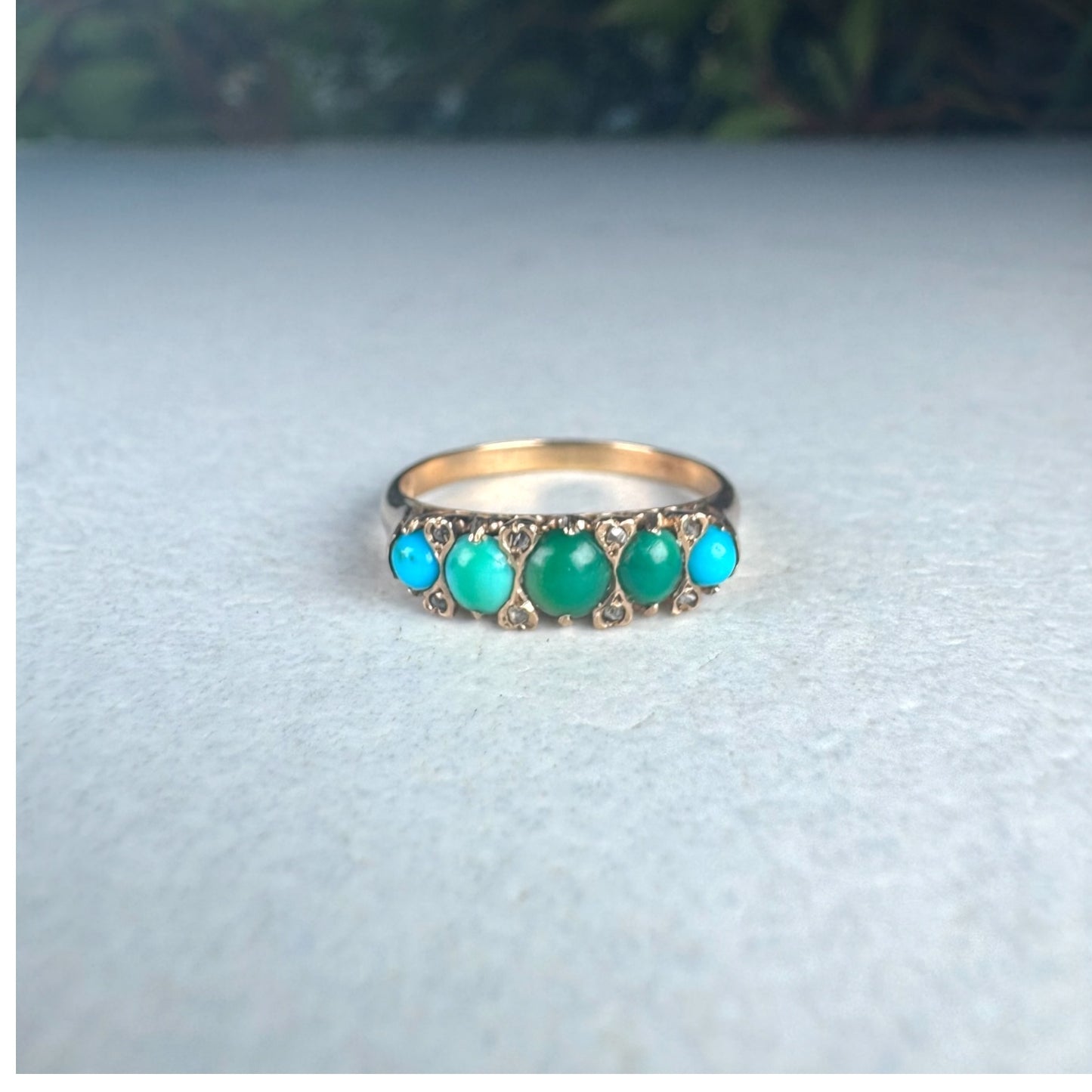 Victorian Natural Turquoise & Diamond Ring | Yellow Gold | Size L