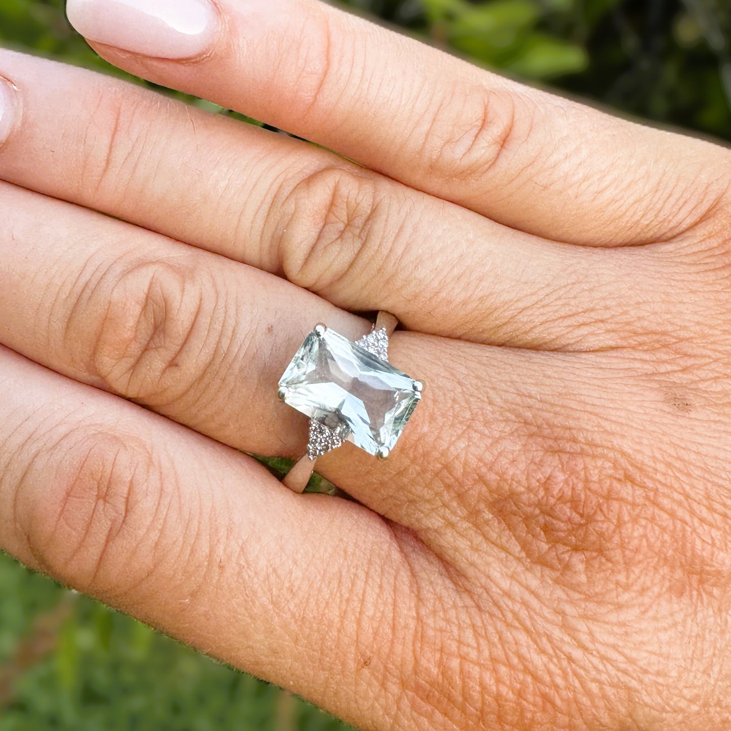 Vintage Pale Green Amethyst & Diamond Ring | White Gold | Size Q