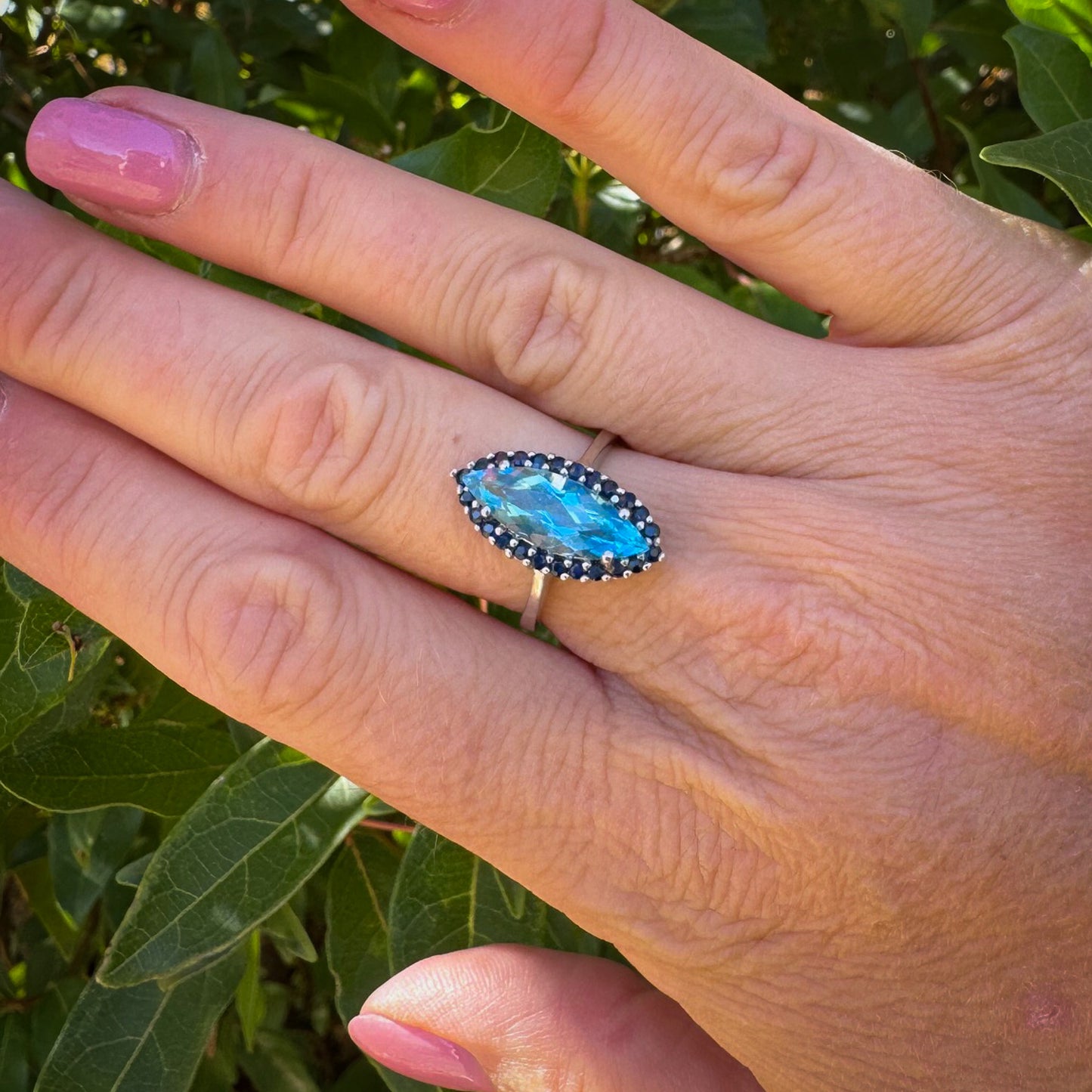 Marquise Topaz and Sapphire Halo Ring | White Gold | Size N 1/2
