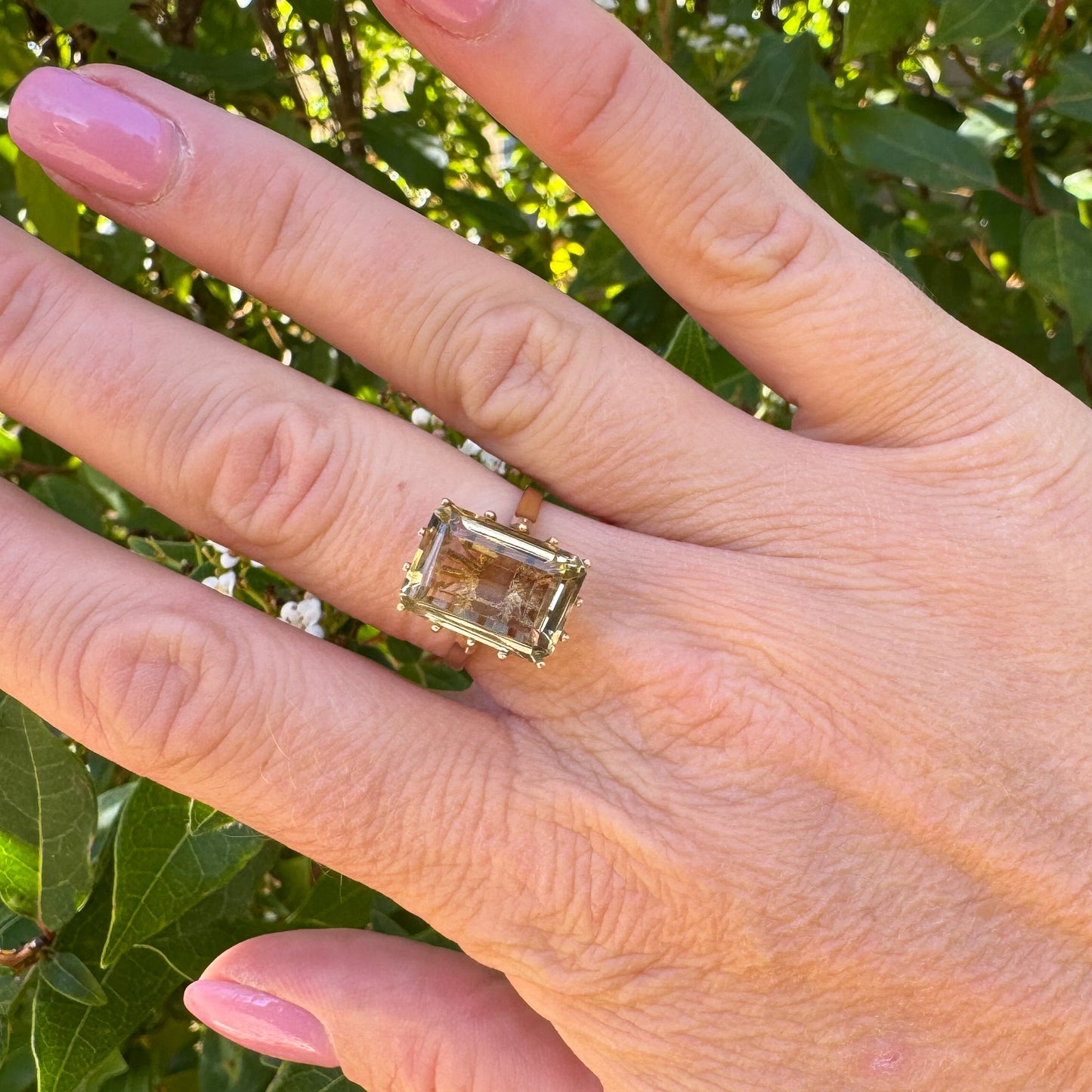 Vintage 1977 Emerald-Cut Citrine Cocktail Ring | Yellow Gold | Size O