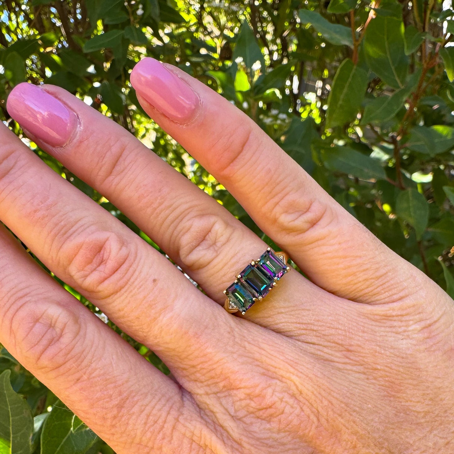 Mystic Topaz Trio Emerald-cut Ring | Yellow Gold | Size N