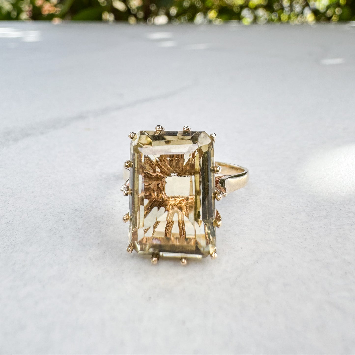 Vintage 1977 Emerald-Cut Citrine Cocktail Ring | Yellow Gold | Size O