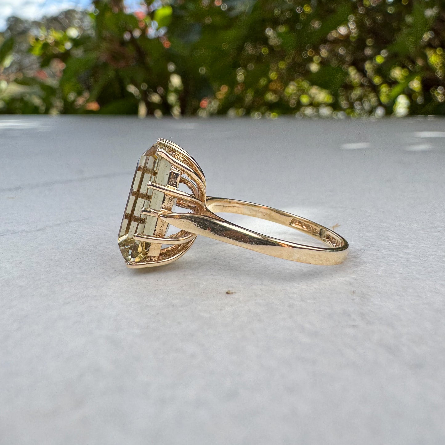Vintage 1977 Emerald-Cut Citrine Cocktail Ring | Yellow Gold | Size O