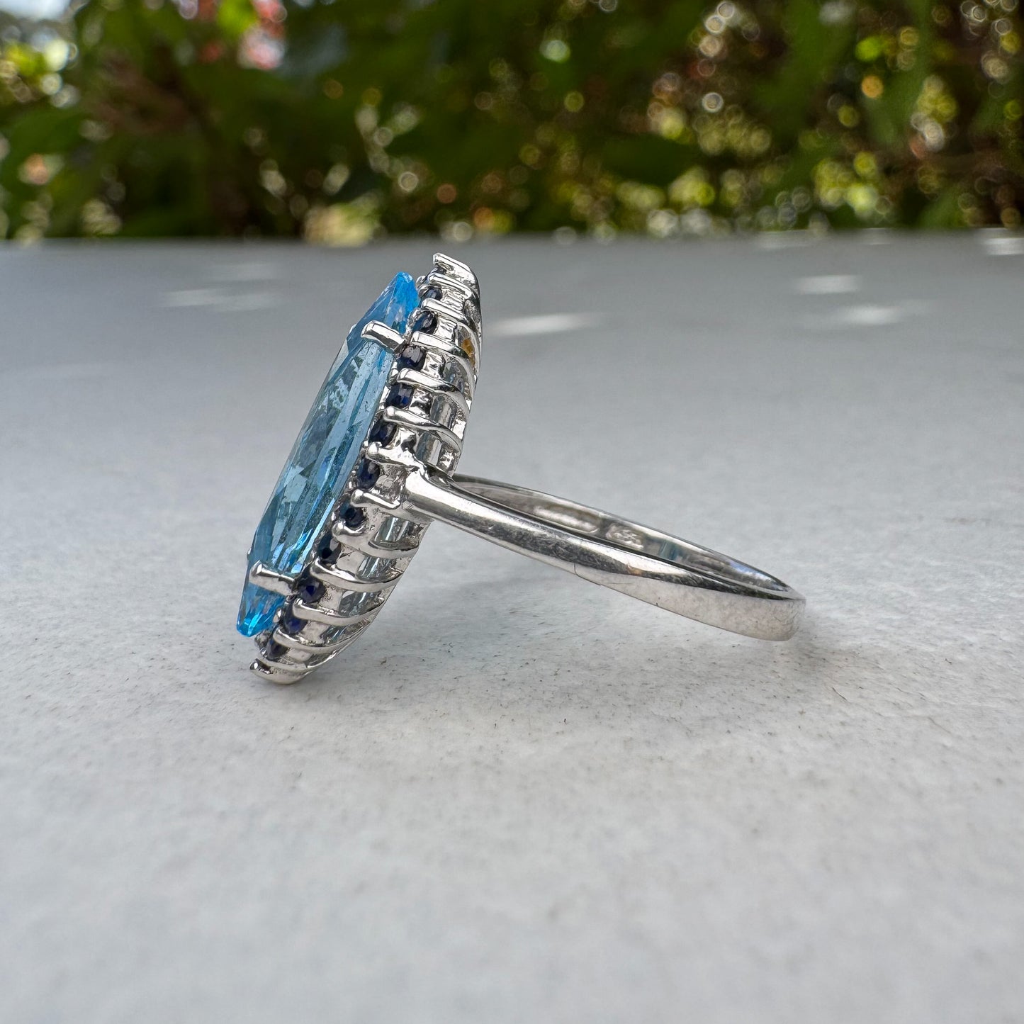 Marquise Topaz and Sapphire Halo Ring | White Gold | Size N 1/2