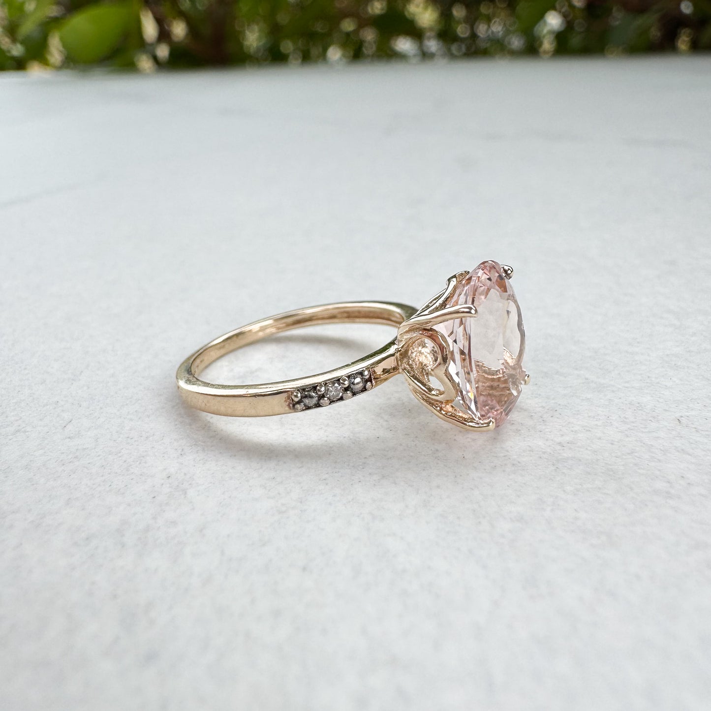 Solitaire Morganite & Diamond Ring | Yellow Gold | Size K