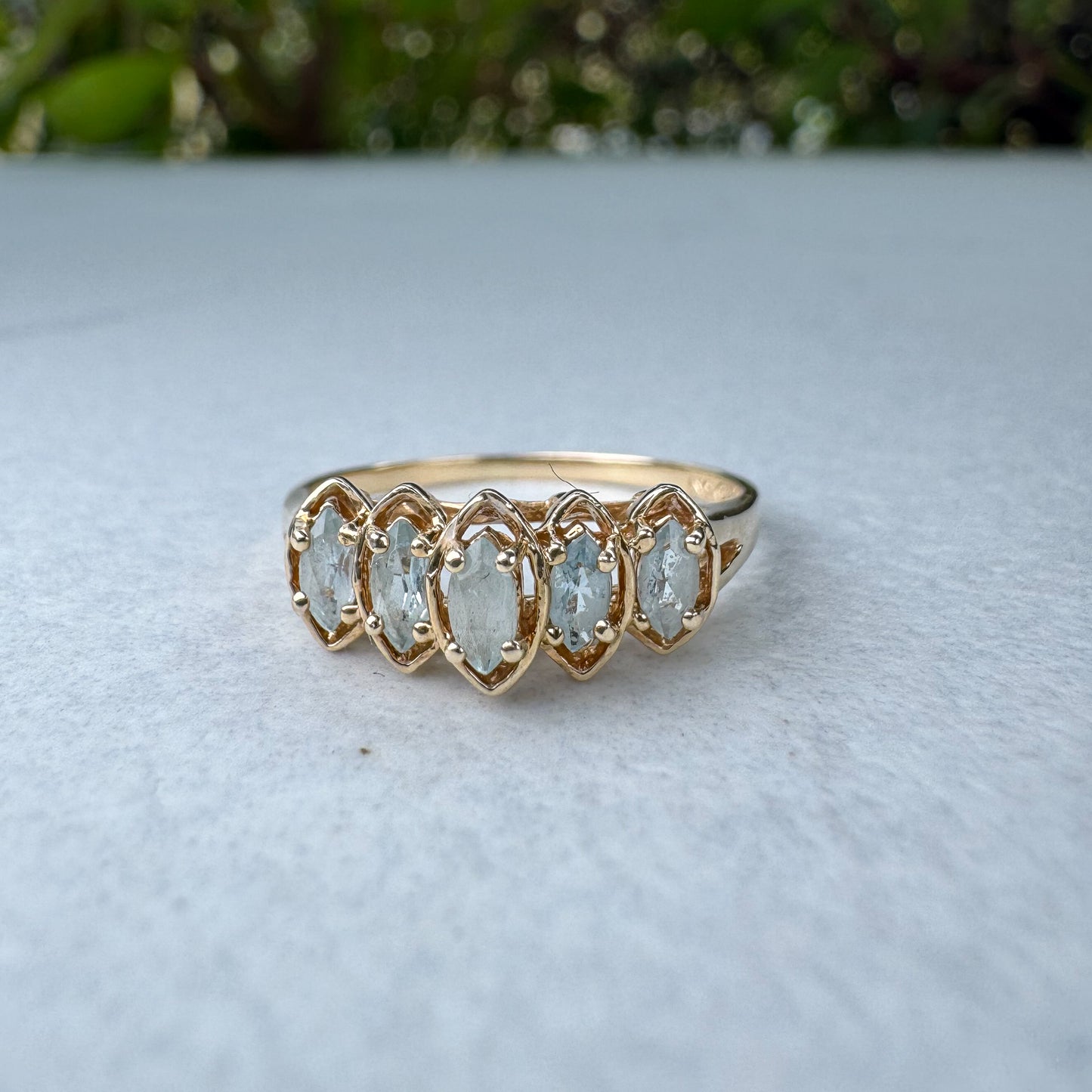 Bohemian Five Stone Aquamarine Ring | Yellow Gold | Size P 1/2