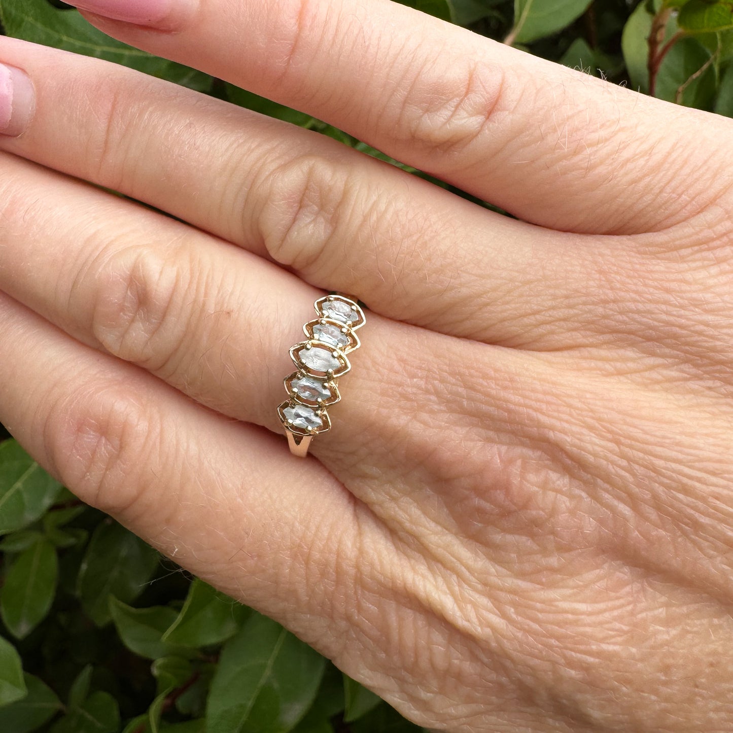 Bohemian Five Stone Aquamarine Ring | Yellow Gold | Size P 1/2