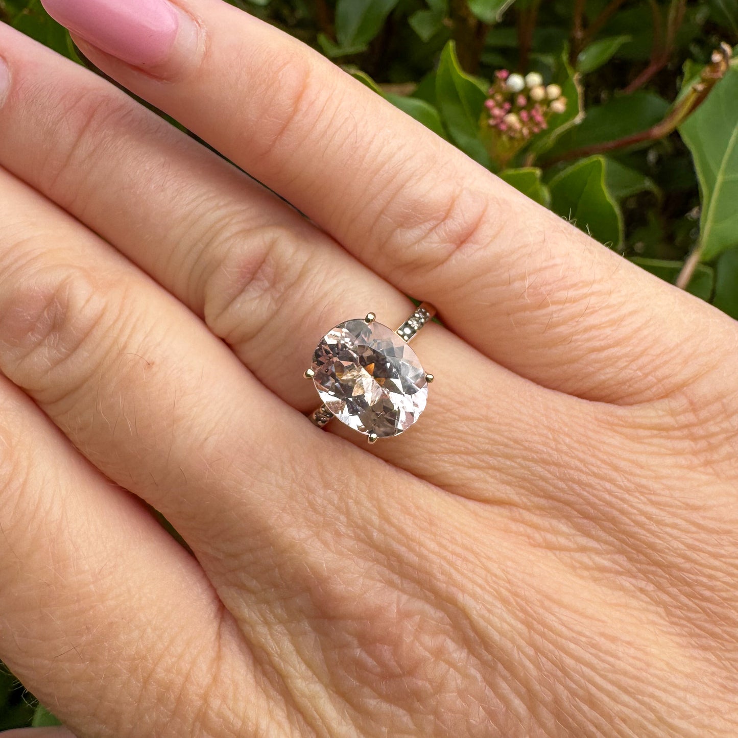 Solitaire Morganite & Diamond Ring | Yellow Gold | Size K