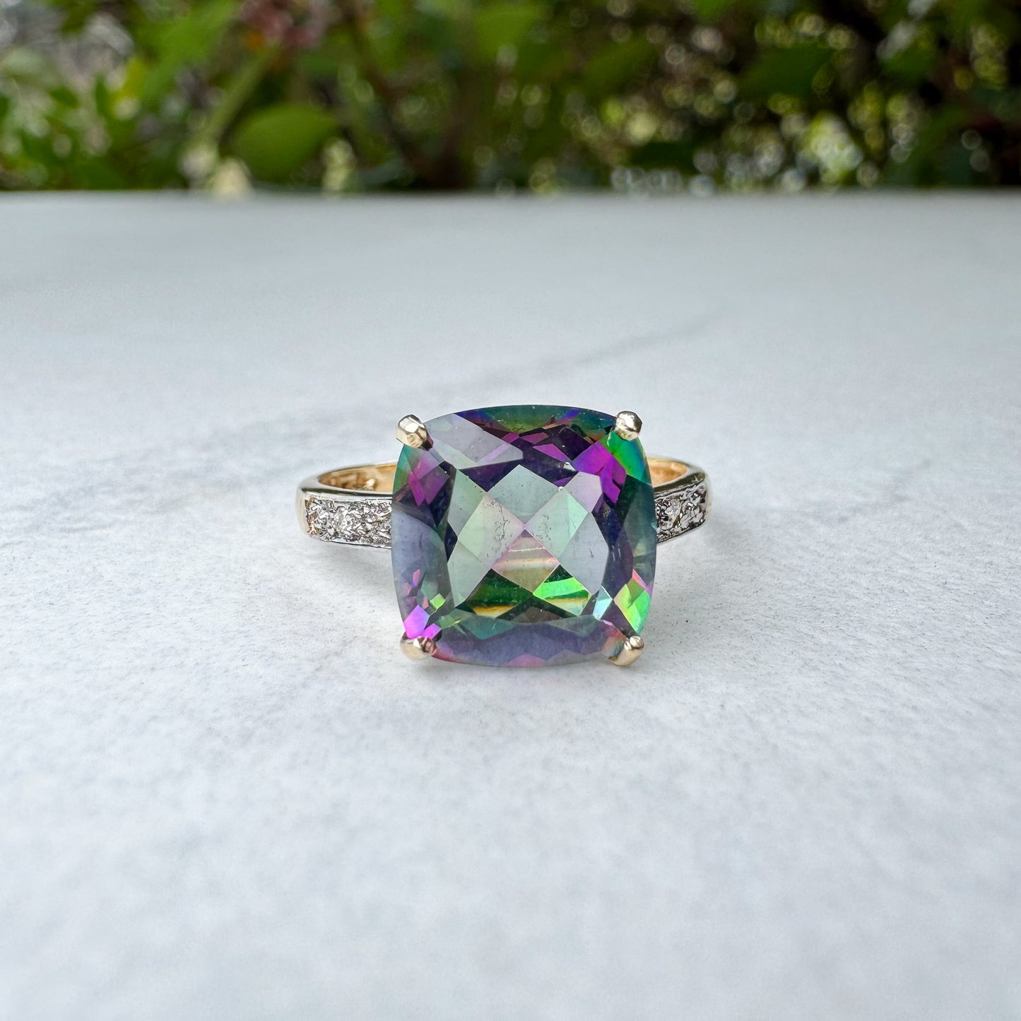 Cushion-Cut Mystic Topaz & Diamond Ring | Yellow Gold | Size P