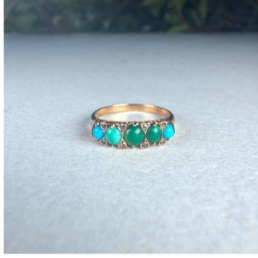 Victorian Natural Turquoise & Diamond Ring | Yellow Gold | Size L