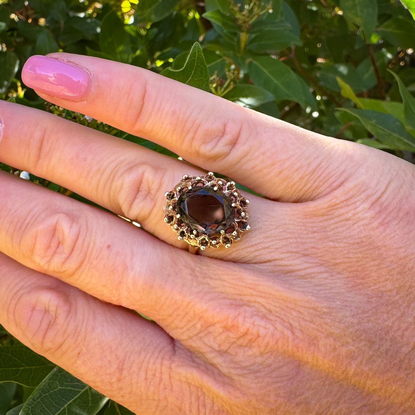 Vintage 1973 Smokey Quartz Cocktail Ring | Yellow Gold | Size L