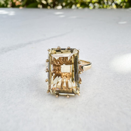 Vintage 1977 Emerald-Cut Citrine Cocktail Ring | Yellow Gold | Size O