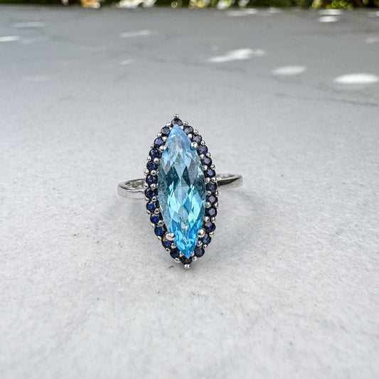 Marquise Topaz and Sapphire Halo Ring | White Gold | Size N 1/2