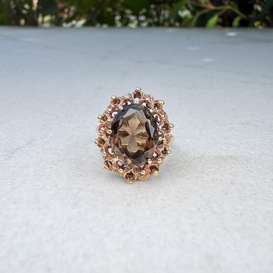 Vintage 1973 Smokey Quartz Cocktail Ring | Yellow Gold | Size L