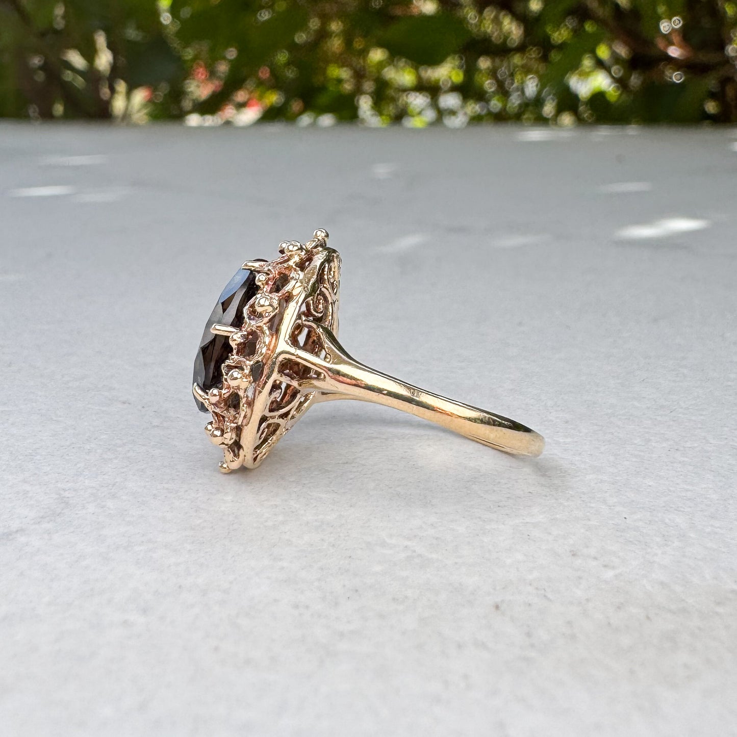 Vintage 1973 Smokey Quartz Cocktail Ring | Yellow Gold | Size L