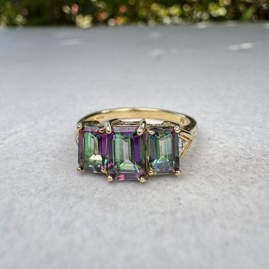 Mystic Topaz Trio Emerald-cut Ring | Yellow Gold | Size N