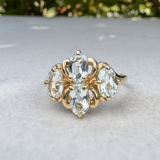 Vintage Aquamarine Cluster Statement Ring | Yellow Gold | Size R
