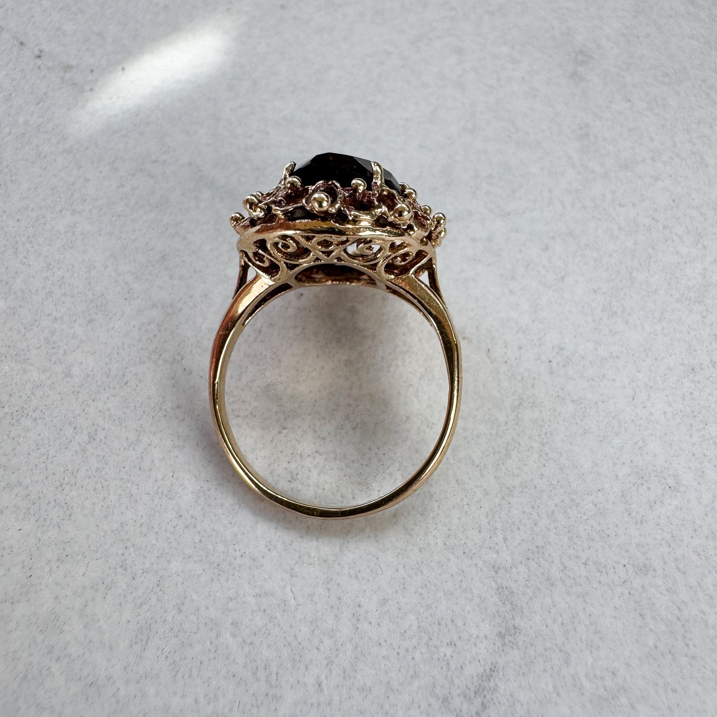 Vintage 1973 Smokey Quartz Cocktail Ring | Yellow Gold | Size L