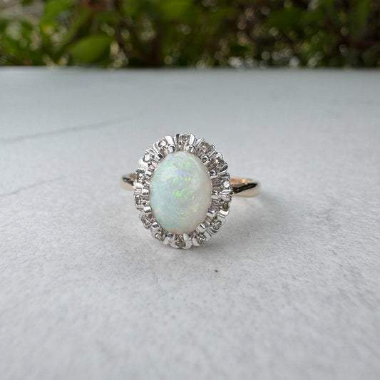 Vintage Opal & Diamond Cluster Ring | Yellow Gold | Size M 1/2
