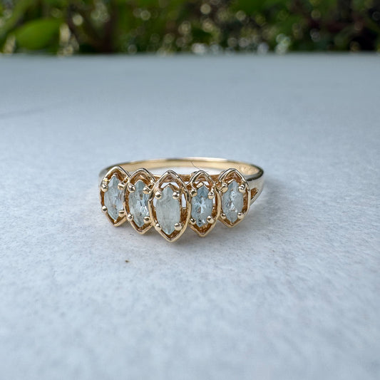 Bohemian Five Stone Aquamarine Ring | Yellow Gold | Size P 1/2