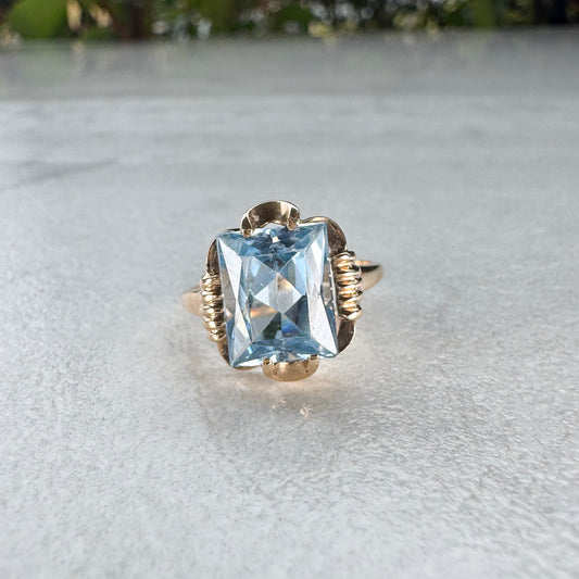 Emerald-Cut Ice Blue Topaz Ring | 9ct Yellow Gold | Size L